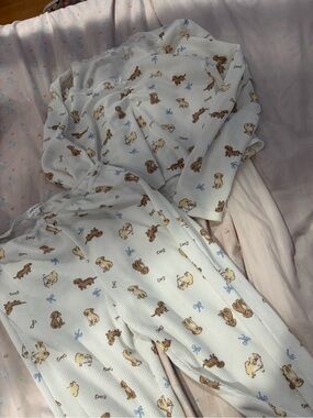 Pink Rose White Puppy Print Pajama Set